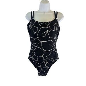 Miraclesuit One Piece Lisa Jane Black White Floral Outline Scoop Ruched Women 14